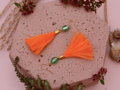 Orange and Turquoise Ostrich Feather Tassel Earrings | Festival Earrings | Feather Jewellery | Festival Jewellery | Long Earrings