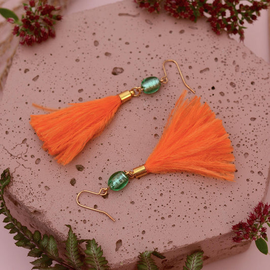 Orange and Turquoise Ostrich Feather Tassel Earrings | Festival Earrings | Feather Jewellery | Festival Jewellery | Long Earrings