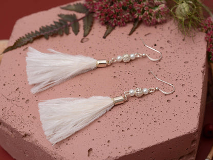 White Ostrich Feather Tassel Earrings with Pearls and Silver Beads