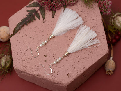 White Ostrich Feather Tassel Earrings with Pearls and Silver Beads
