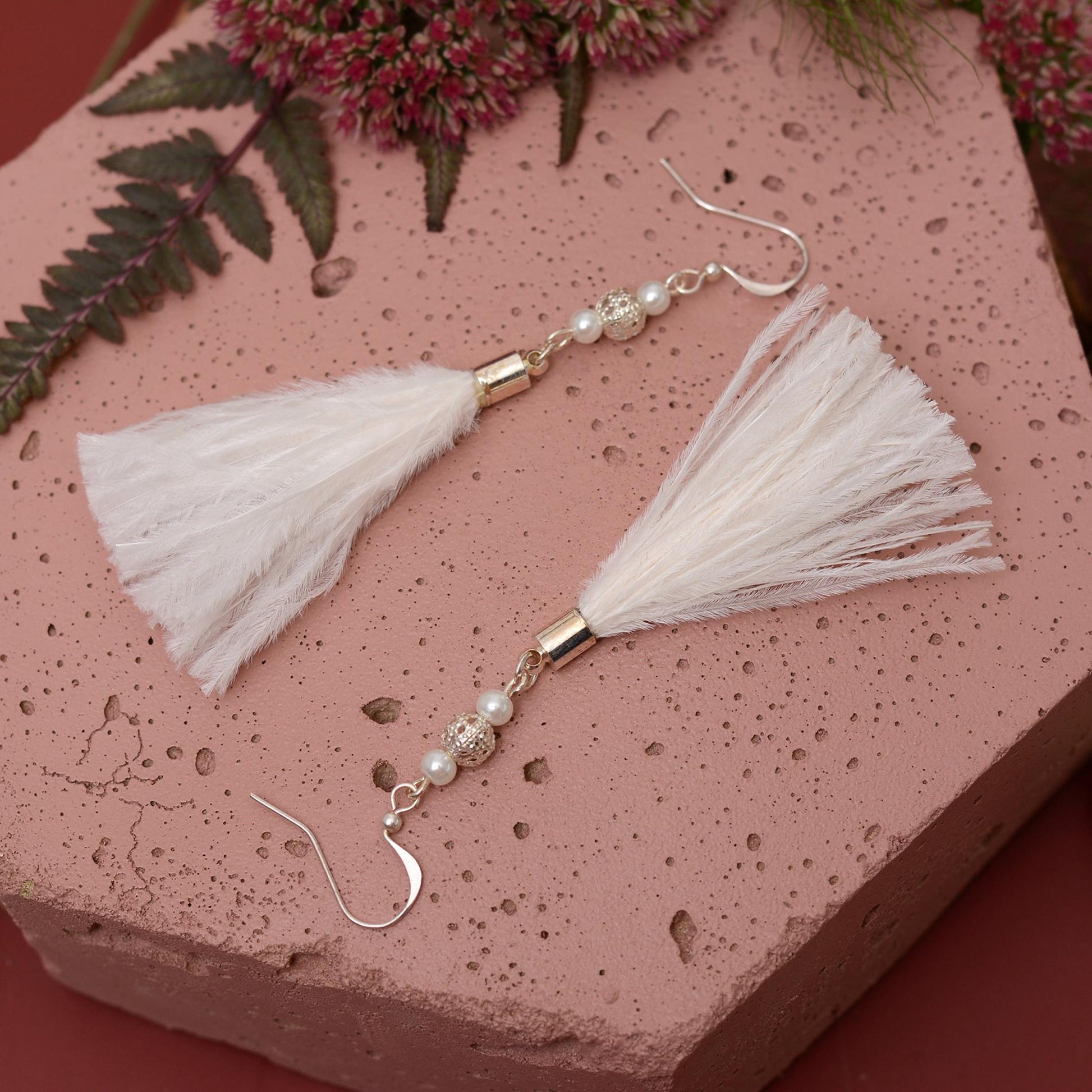 White Ostrich Feather Tassel Earrings with Pearls and Silver Beads