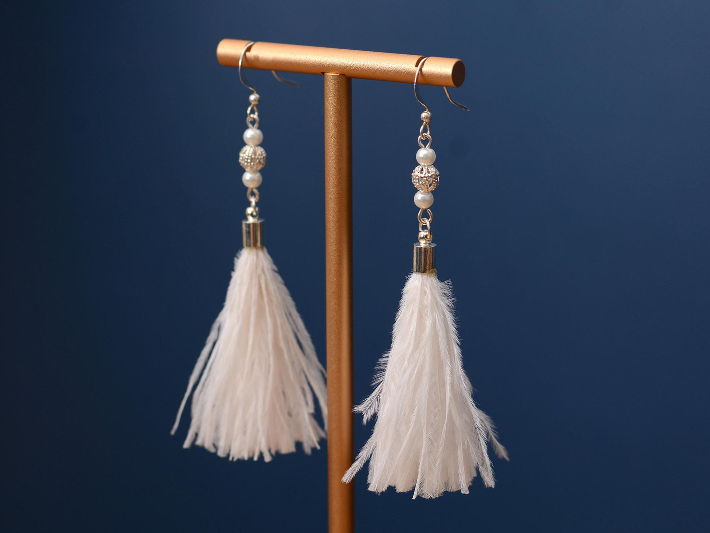White Ostrich Feather Tassel Earrings with Pearls and Silver Beads