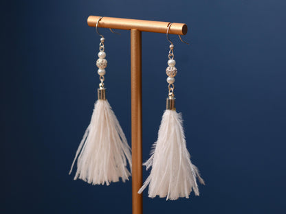 White Ostrich Feather Tassel Earrings with Pearls and Silver Beads