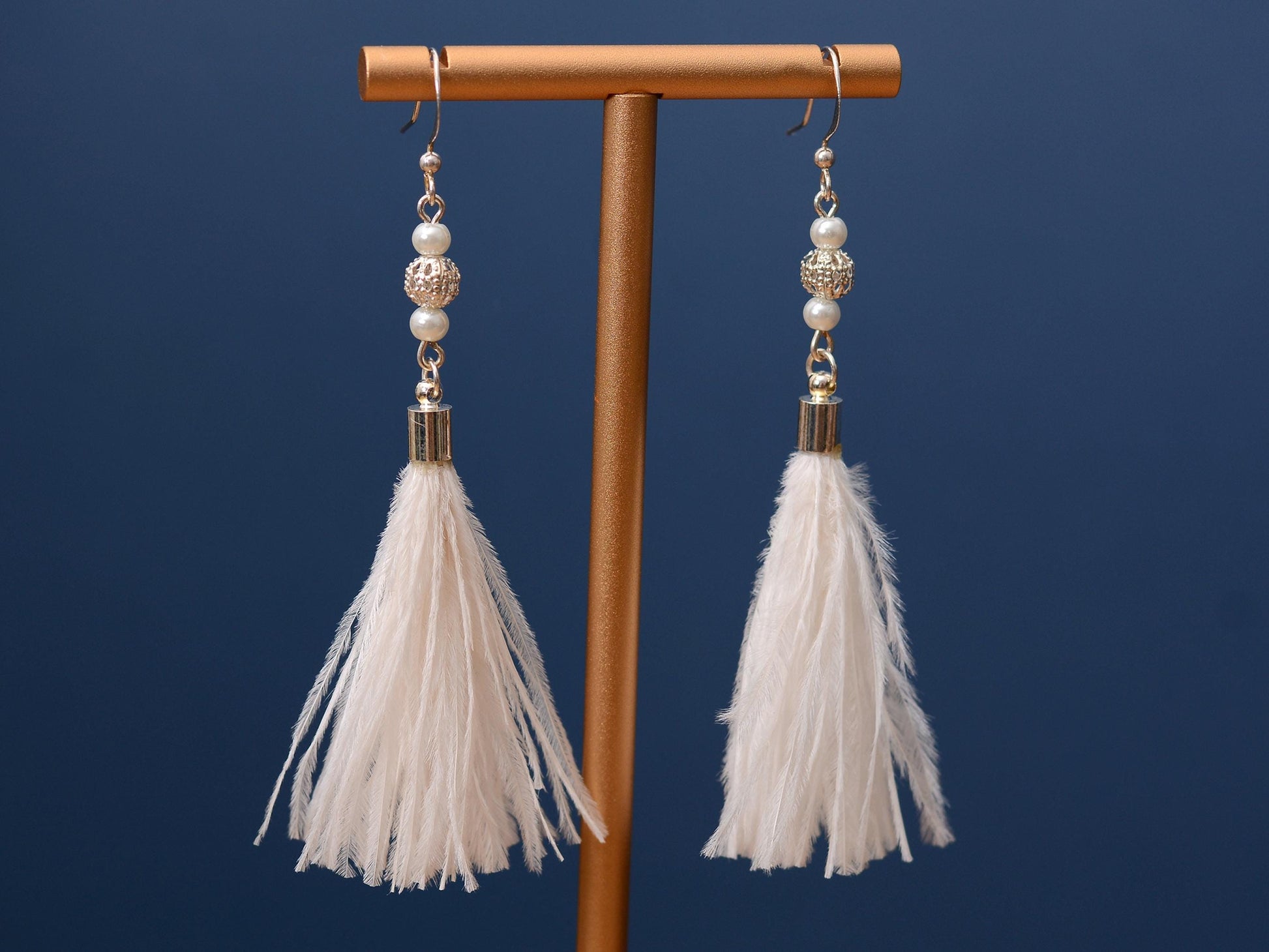 White Ostrich Feather Tassel Earrings with Pearls and Silver Beads