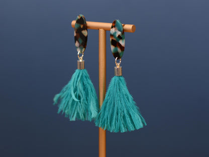 Statement Teal Blue Oval Acetate and Ostrich Feather Tassel Earrings