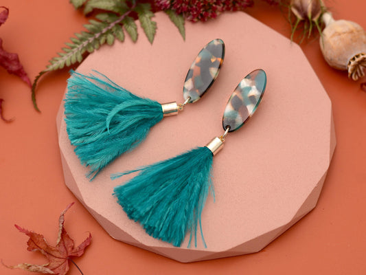Statement Teal Blue Oval Acetate and Ostrich Feather Tassel Earrings