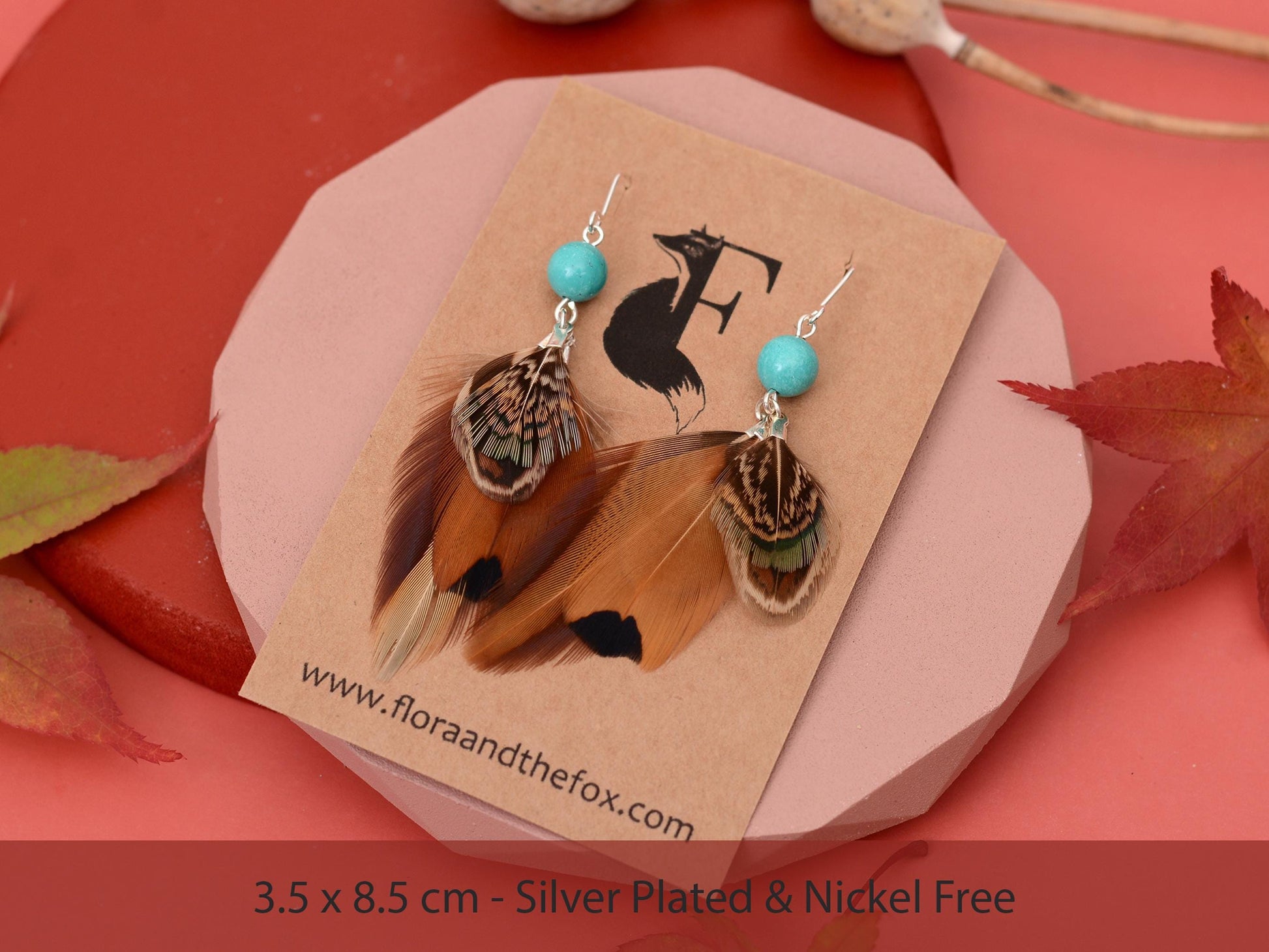 Pheasant Feather Earrings with Turquoise Bead | Feather Jewellery | Festival Jewellery