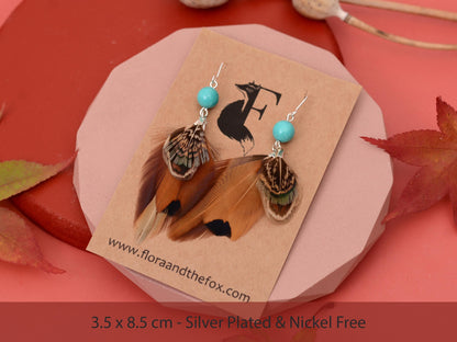 Pheasant Feather Earrings with Turquoise Bead | Feather Jewellery | Festival Jewellery