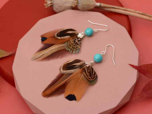 Pheasant Feather Earrings with Turquoise Bead | Feather Jewellery | Festival Jewellery