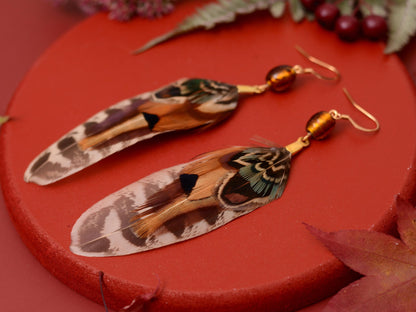 Pheasant Feather Earrings with Amber Glass Bead | Festival Earrings | Feather Jewellery | Festival Jewellery