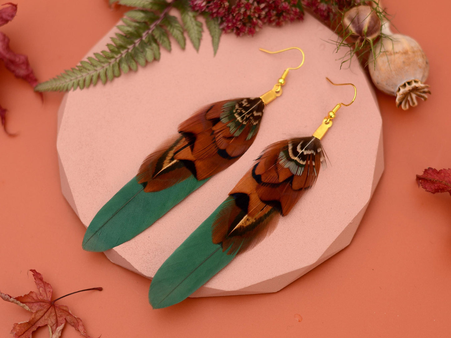 Green and Copper Feather Earrings | Pheasant Feather Earrings | Festival Earrings | Feather Jewellery | Festival Jewellery | Drop Earrings