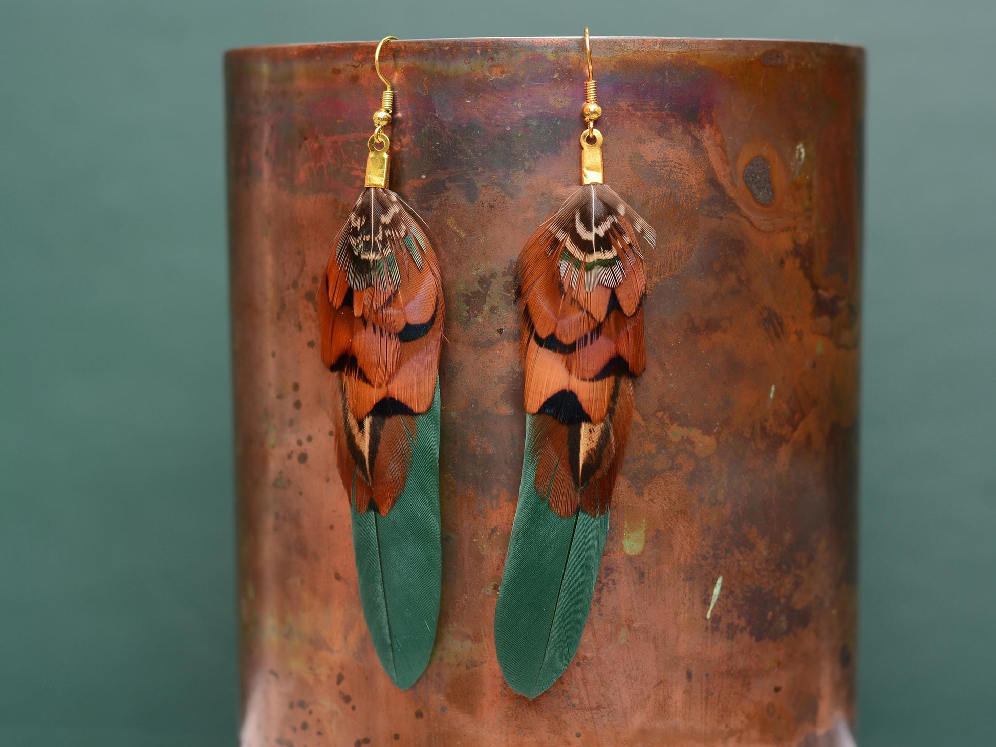 Green and Copper Feather Earrings | Pheasant Feather Earrings | Festival Earrings | Feather Jewellery | Festival Jewellery | Drop Earrings