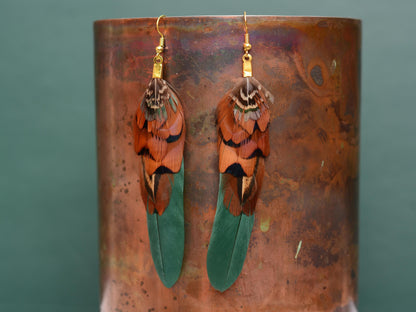 Green and Copper Feather Earrings | Pheasant Feather Earrings | Festival Earrings | Feather Jewellery | Festival Jewellery | Drop Earrings