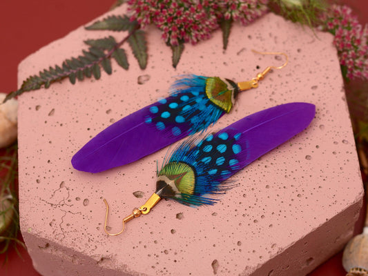 Purple Feather Earrings | Peacock Feather Earrings| Festival Earrings | Feather Jewellery | Festival Jewellery | Bohemian | Drop Earrings