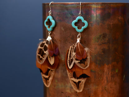 Tassel Pheasant Feather Earrings with Turquoise | Festival Earrings | Feather Jewellery | Festival Jewellery