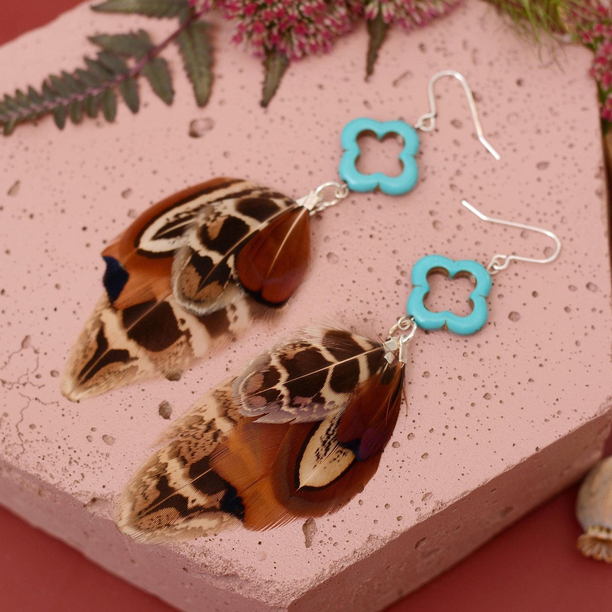 Tassel Pheasant Feather Earrings with Turquoise | Festival Earrings | Feather Jewellery | Festival Jewellery