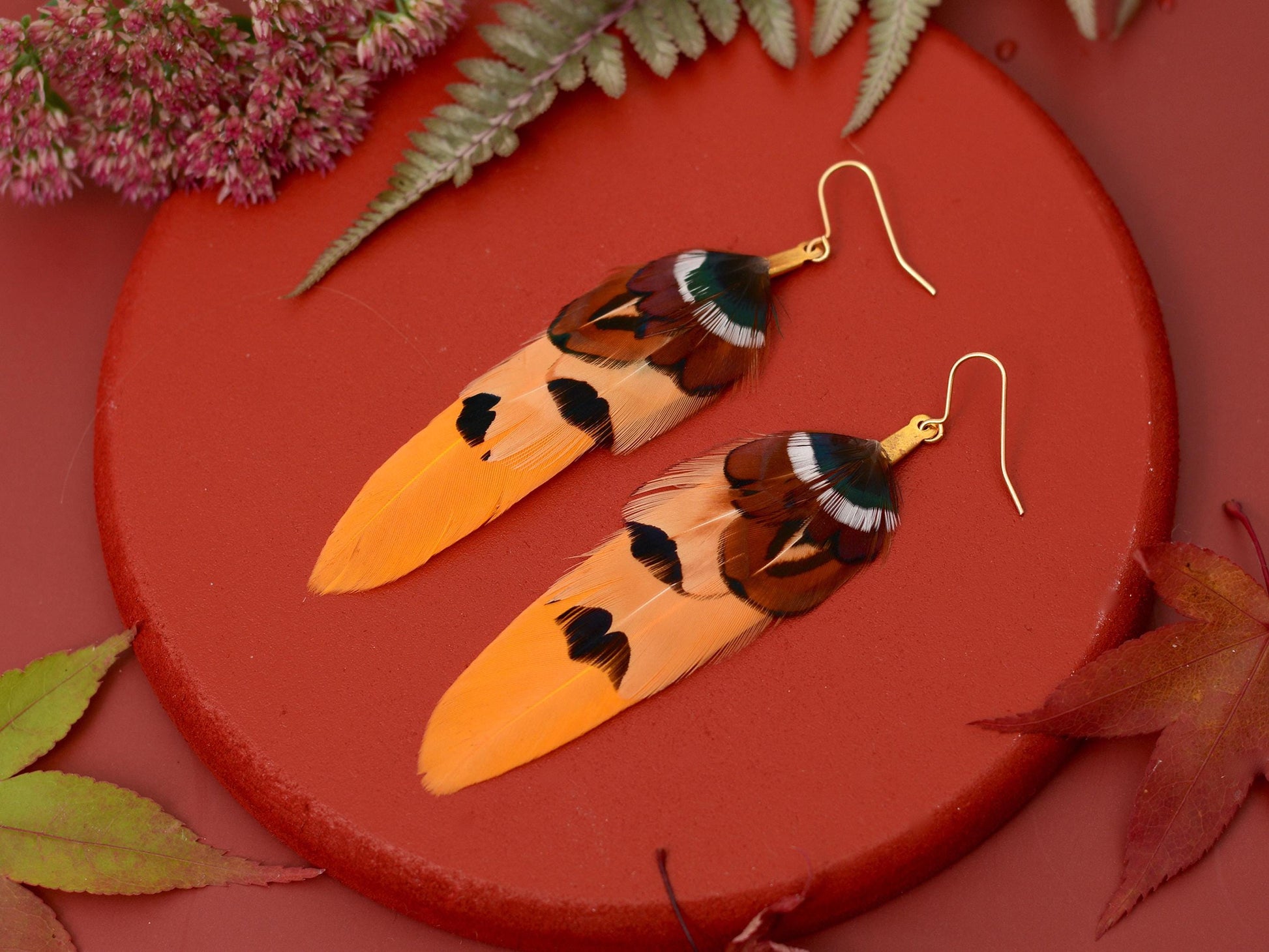Mustard Yellow and Copper Pheasant Feather Earrings | Yellow Earrings | Festival Earrings | Feather Jewellery | Festival Jewellery