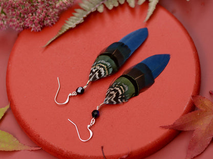 Feather Earrings in Navy Blue and Green with Aurora Crystal Bead | Feather Jewellery | Drop Earrings