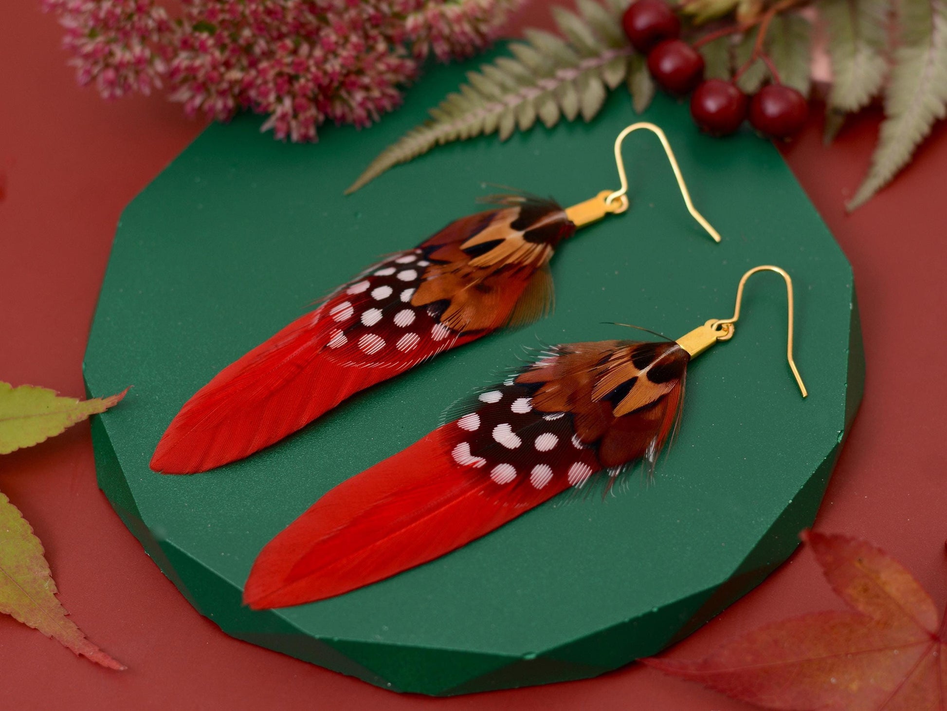 Red Pheasant Feather Earrings | Festival Earrings | Feather Jewellery | Festival Jewellery | Drop Earrings
