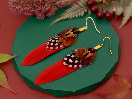 Red Pheasant Feather Earrings | Festival Earrings | Feather Jewellery | Festival Jewellery | Drop Earrings