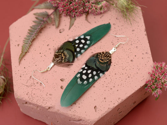 Green Feather Earrings | Pheasant Feather Earrings | Festival Earrings | Feather Jewellery | Festival Jewellery | Drop Earrings