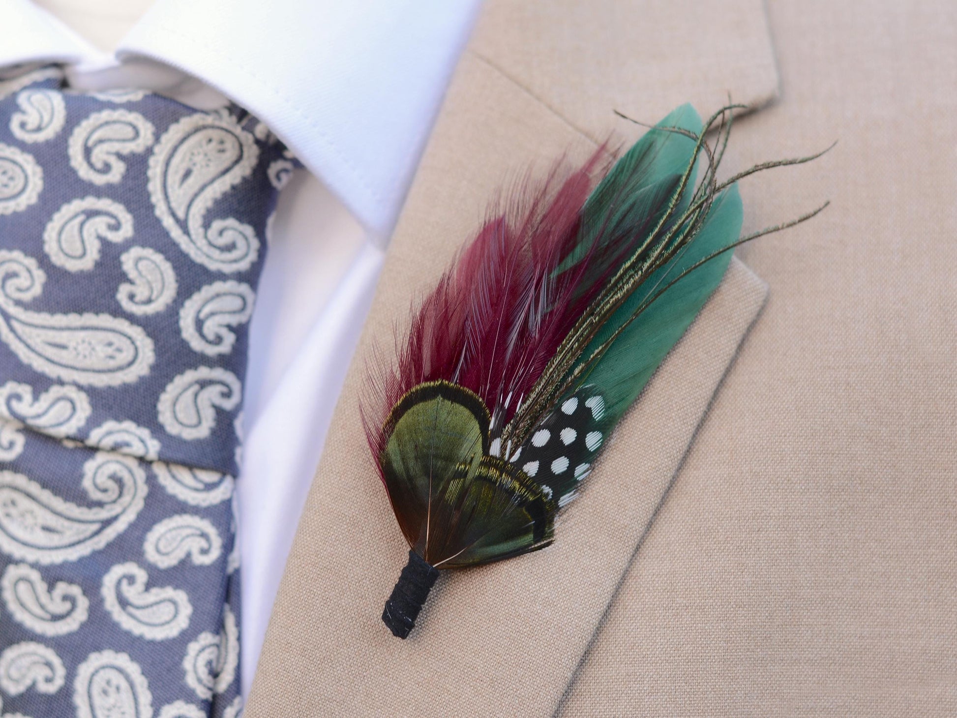 Shades of Green and Plum Feather Lapel Pin | Duck Feather Boutonniere | Pheasant Feather Brooch | Feather Hat Pin