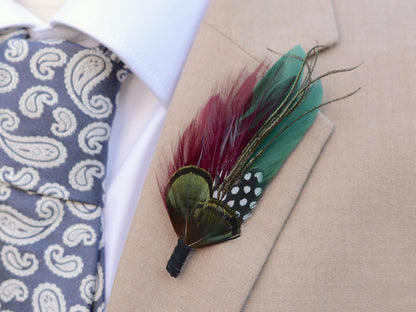 Shades of Green and Plum Feather Lapel Pin | Duck Feather Boutonniere | Pheasant Feather Brooch | Feather Hat Pin