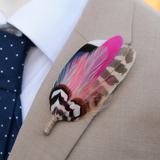 Blue Duck and Pheasant Feather Lapel Pin with a Flash of Pink | Pheasant Feather Boutonniere | Feather Brooch | Feather Hat Pin