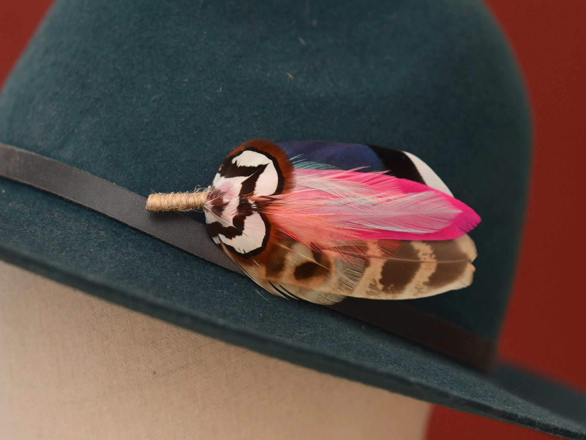 Blue Duck and Pheasant Feather Lapel Pin with a Flash of Pink | Pheasant Feather Boutonniere | Feather Brooch | Feather Hat Pin