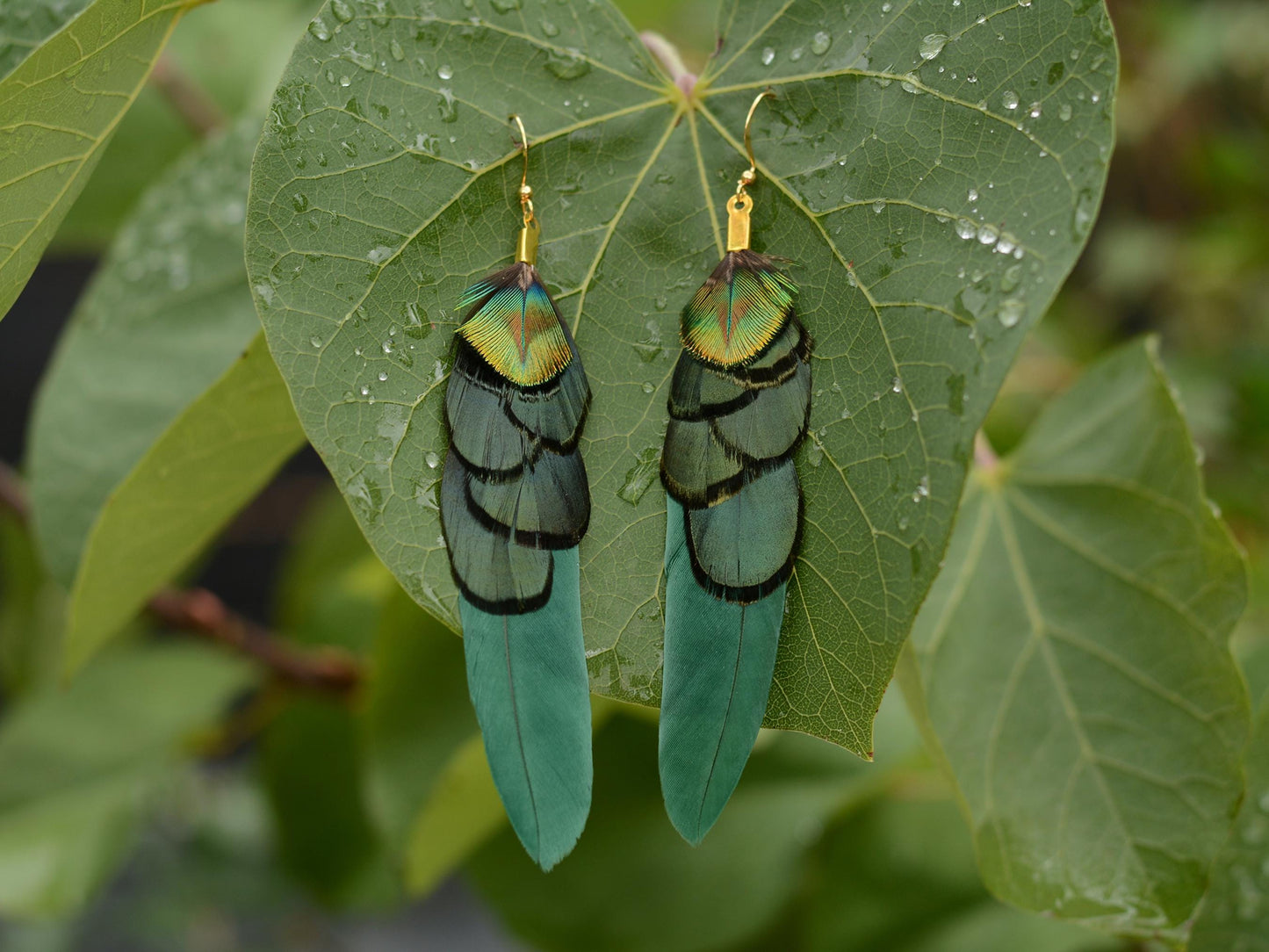 Green and Gold Feather Earrings | Peacock Feather Earrings | Festival Earrings | Feather Jewellery | Festival Jewellery | Drop Earrings
