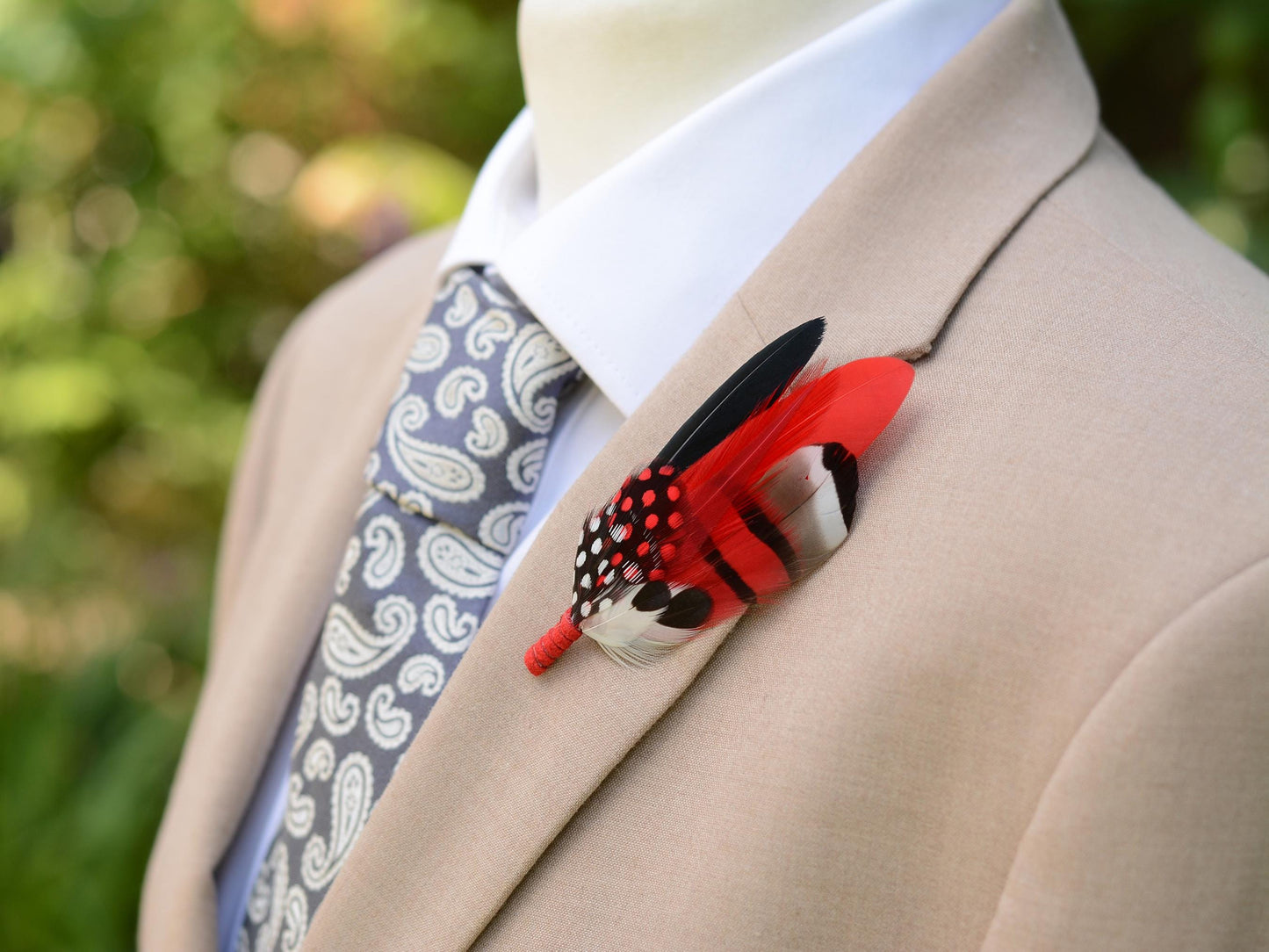Red, Black and White Feather Corsage / Hat Pin | Duck Feather Boutonniere Brooch