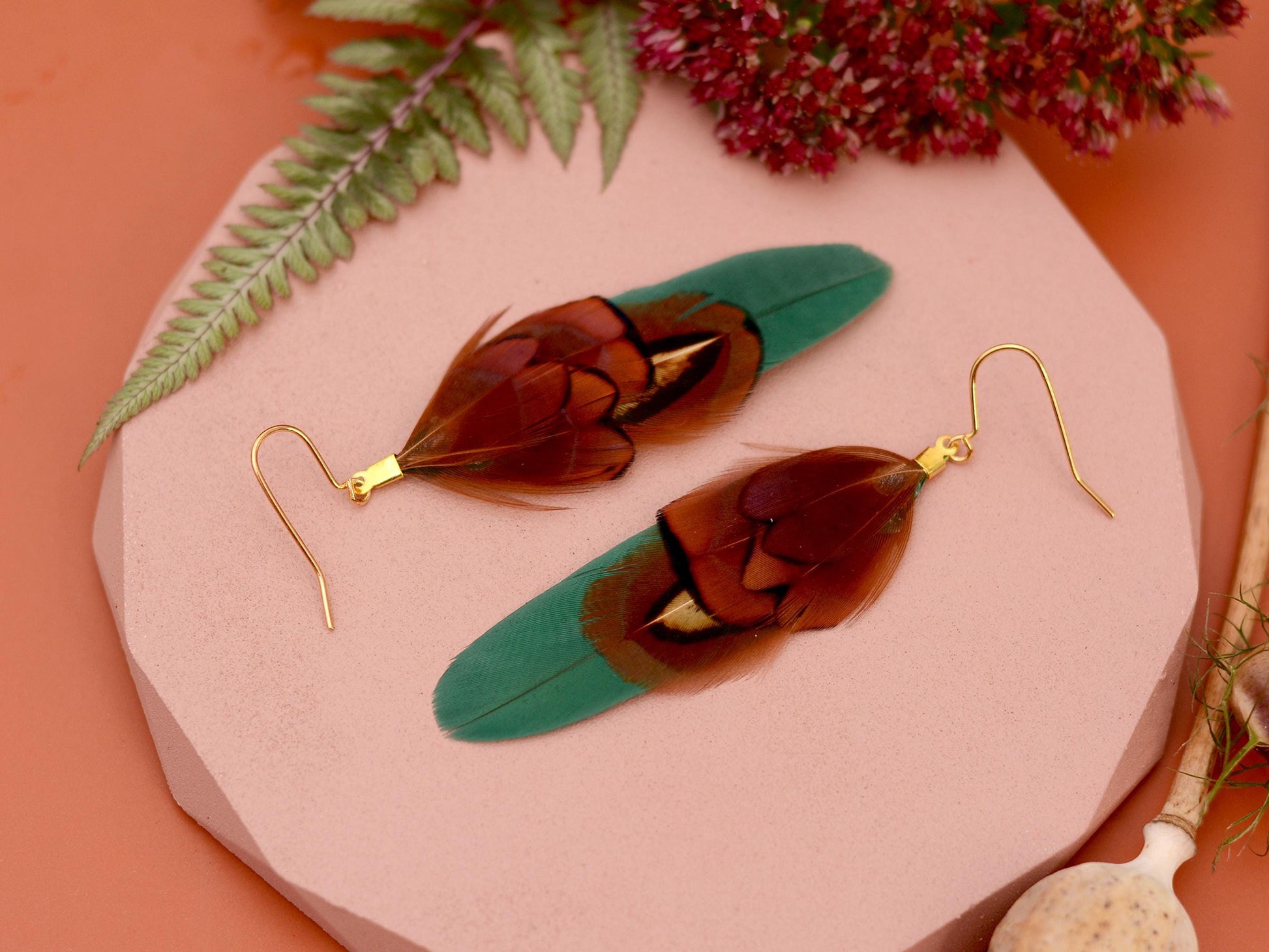Green and Copper Small Feather Earrings | Festival Earrings | Feather Jewellery | Festival Jewellery | Drop Earrings
