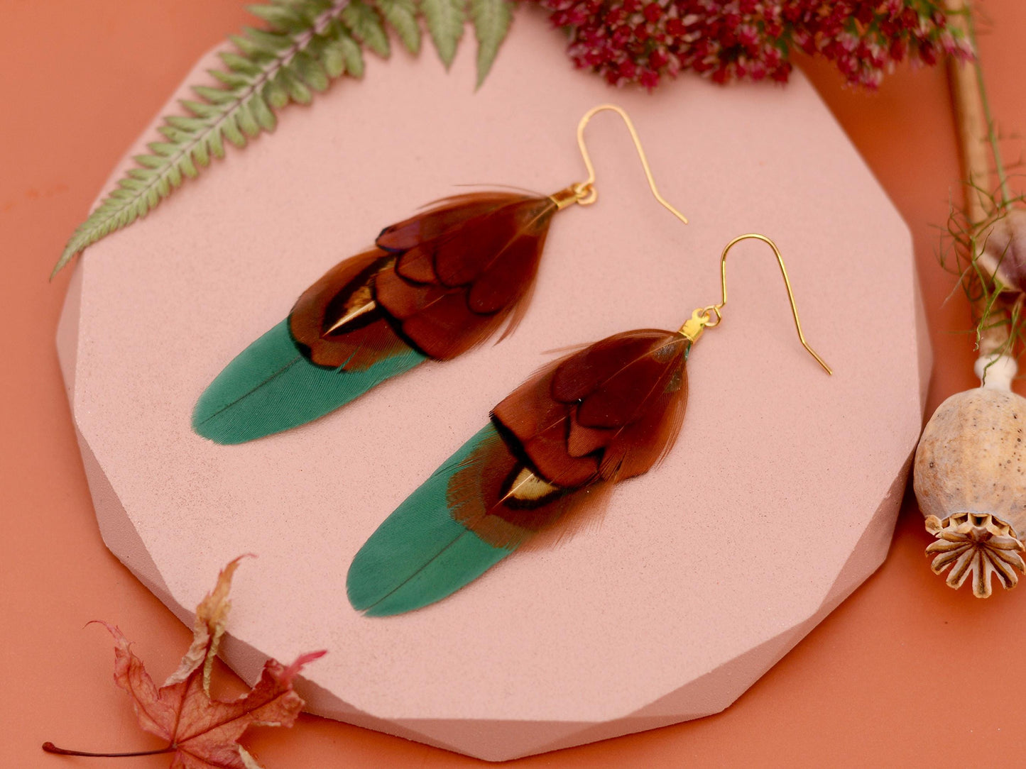 Green and Copper Small Feather Earrings | Festival Earrings | Feather Jewellery | Festival Jewellery | Drop Earrings