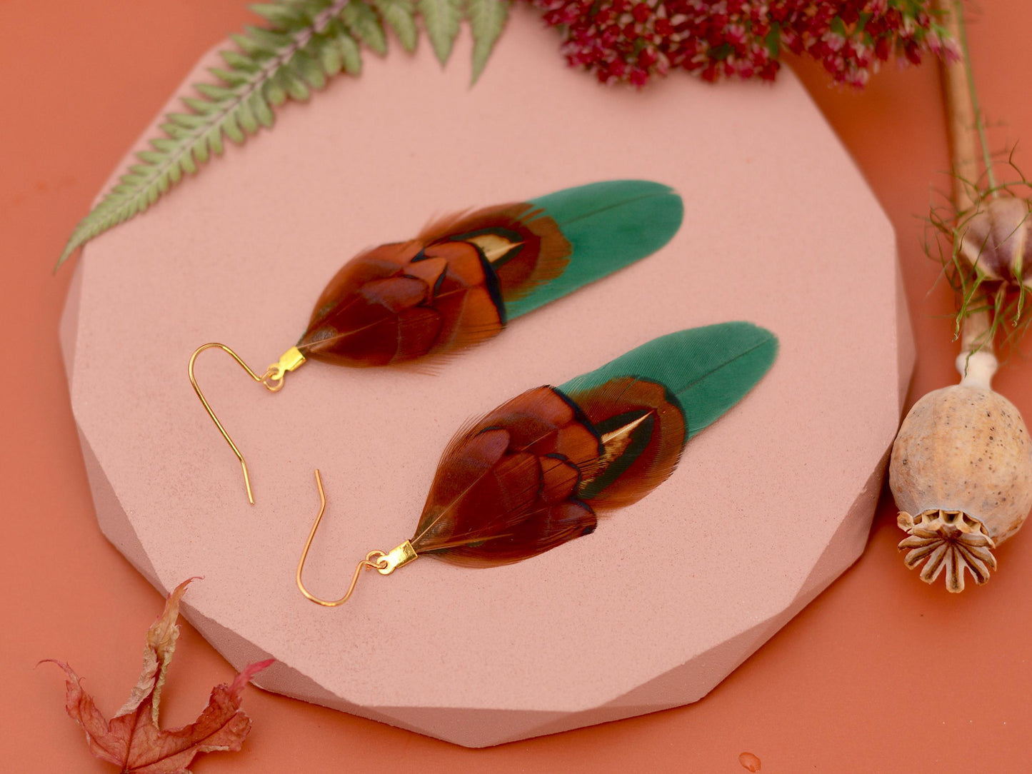 Green and Copper Small Feather Earrings | Festival Earrings | Feather Jewellery | Festival Jewellery | Drop Earrings
