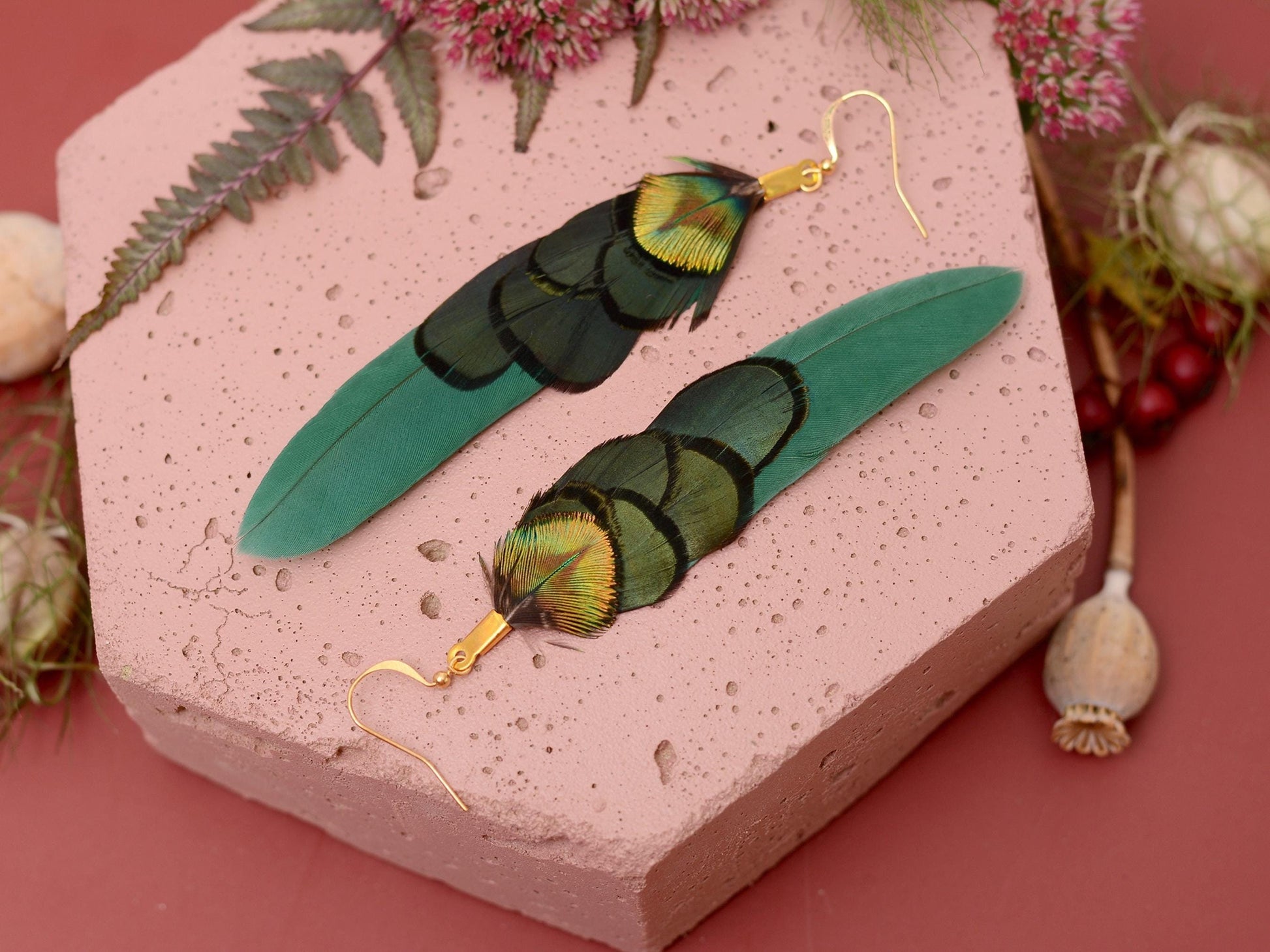 Green and Gold Feather Earrings | Peacock Feather Earrings | Festival Earrings | Feather Jewellery | Festival Jewellery | Drop Earrings