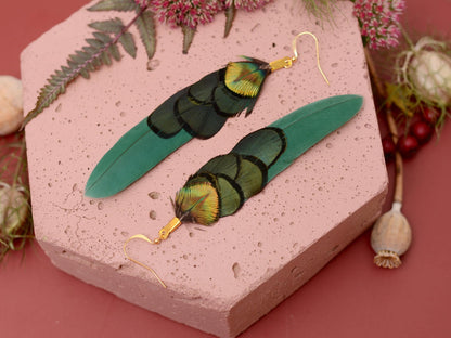 Green and Gold Feather Earrings | Peacock Feather Earrings | Festival Earrings | Feather Jewellery | Festival Jewellery | Drop Earrings