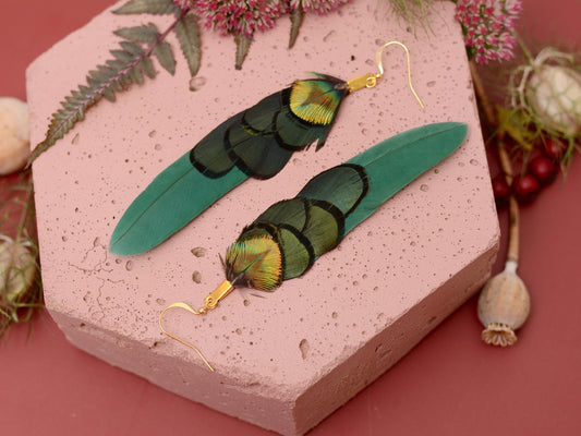 Green and Gold Feather Earrings | Peacock Feather Earrings | Festival Earrings | Feather Jewellery | Festival Jewellery | Drop Earrings