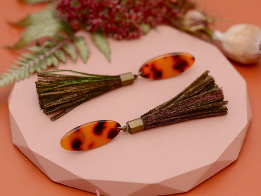 Tortoiseshell Acetate and Shimmering Green Peacock Feather Tassel Earrings No.2 | Festival Earrings | Feather Jewellery | Long Earrings