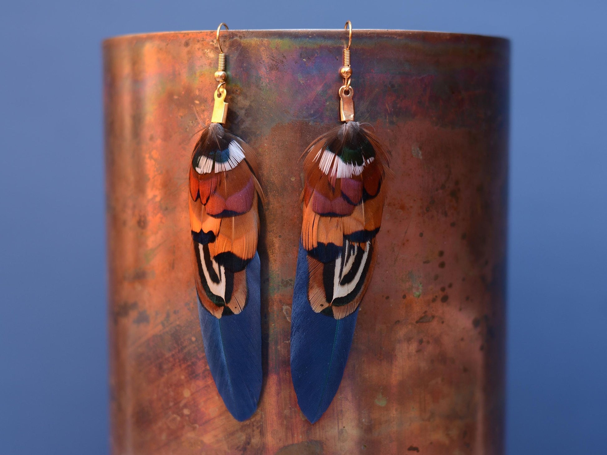 Navy Blue and Copper Feather Earrings | Pheasant Feather Earrings | Festival Earrings | Feather Jewellery | Drop Earrings