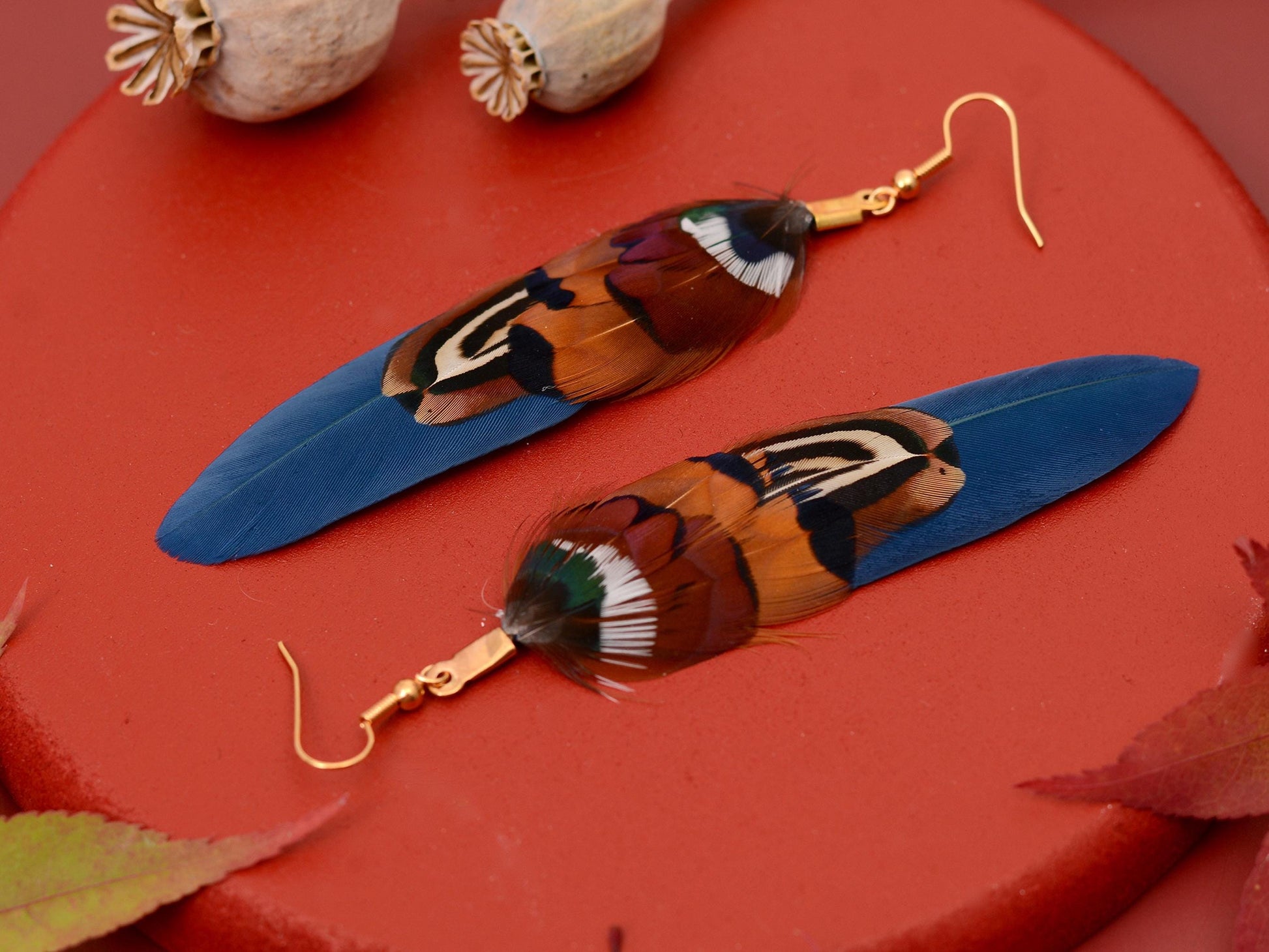 Navy Blue and Copper Feather Earrings | Pheasant Feather Earrings | Festival Earrings | Feather Jewellery | Drop Earrings