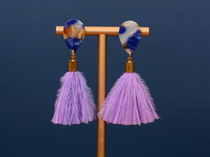 Statement Acetate Teardrop and Ostrich Feather Lilac Tassel Earrings