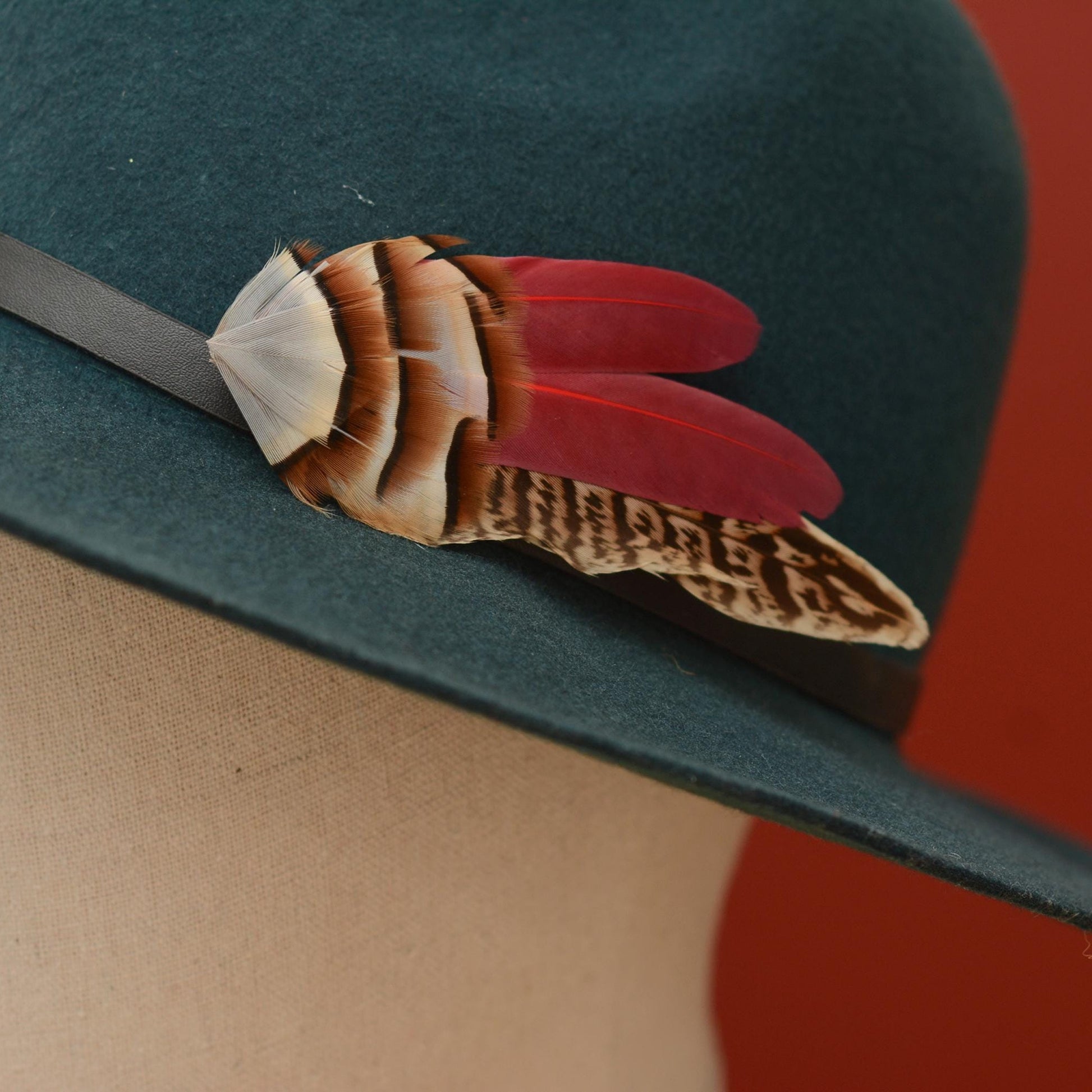 Feather Lapel Pin in Burgundy, Partridge and Pheasant | Feather Boutonniere | Pheasant Feather Brooch | Feather Hat Pin | Pheasant Lapel Pin