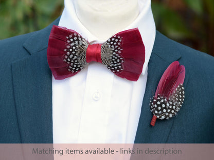 Feather Bow Tie in Light Burgundy and Polka Dot | Grooms Outfit | Feather Neck Tie | Mens Gift | Black Tie | Wedding