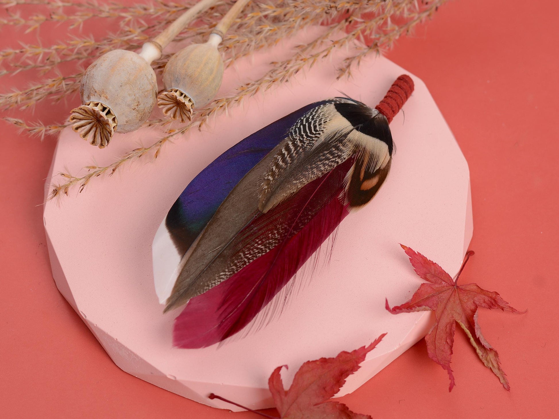 Burgundy and Navy Blue Duck Feather Lapel Pin | Duck Feather Boutonniere | Pheasant Feather Brooch | Feather Hat Pin