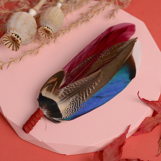 Burgundy and Navy Blue Duck Feather Lapel Pin | Duck Feather Boutonniere | Pheasant Feather Brooch | Feather Hat Pin