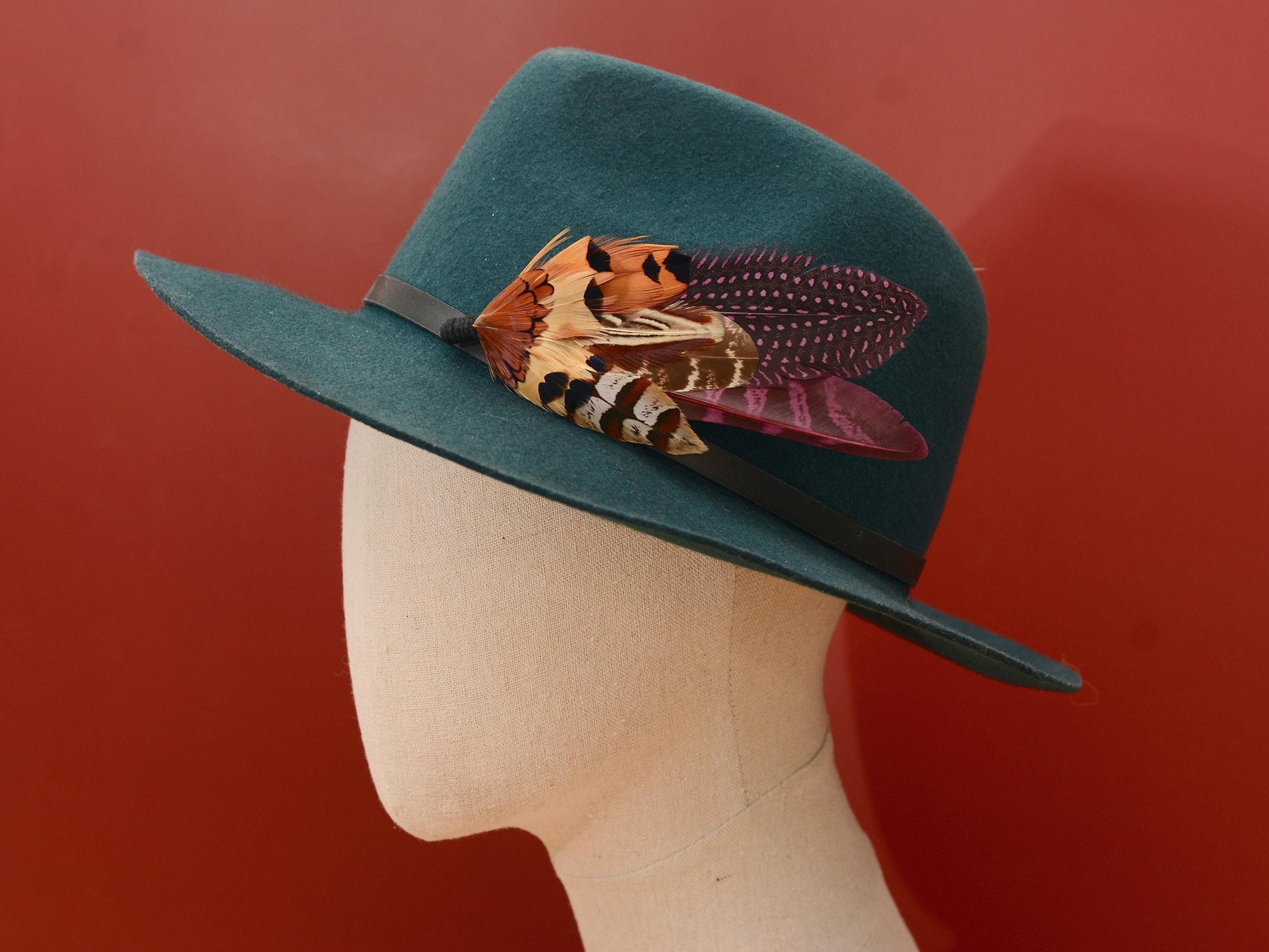 Plum Purple and Copper Pheasant Feather Lapel Pin No.291 | Unique Pheasant Feather Boutonniere