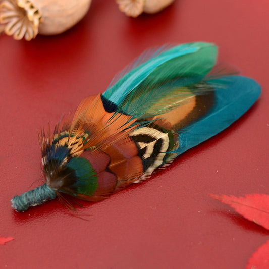 Teal and Copper Pheasant Feather Lapel Pin | Pheasant Feather Boutonniere | Pheasant Feather Brooch