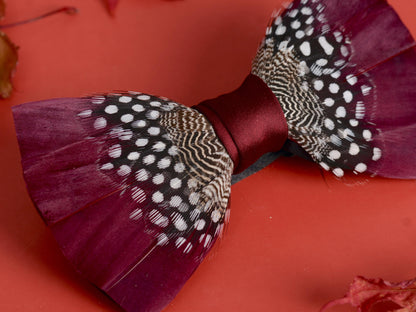 Feather Bow Tie in Burgundy and Polka Dot | Grooms Outfit | Feather Neck Tie | Mens Gift | Black Tie | Wedding | Pheasant Feather Bow Tie