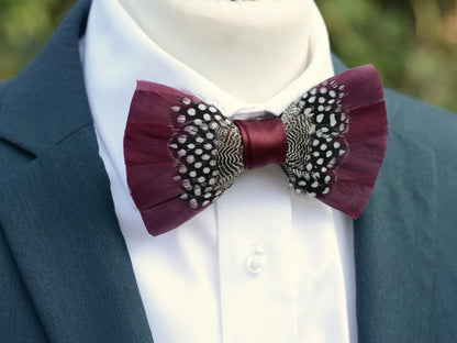Feather Bow Tie in Burgundy and Polka Dot | Grooms Outfit | Feather Neck Tie | Mens Gift | Black Tie | Wedding | Pheasant Feather Bow Tie