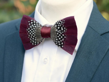 Feather Bow Tie in Burgundy and Polka Dot | Grooms Outfit | Feather Neck Tie | Mens Gift | Black Tie | Wedding | Pheasant Feather Bow Tie